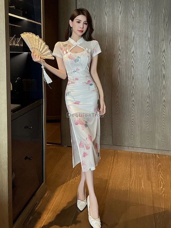 

2026 chinese improved retro fashion style women stand collar short sleeve hollow out design cheongsam printed elegant long qipao