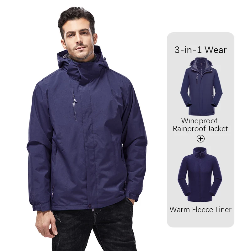 

Men's Fashion 3 In 1 Jacket Outdoor Travel Camping Waterproof Detachable Hat Coat Autumn Winter Windproof Warm Outerwear