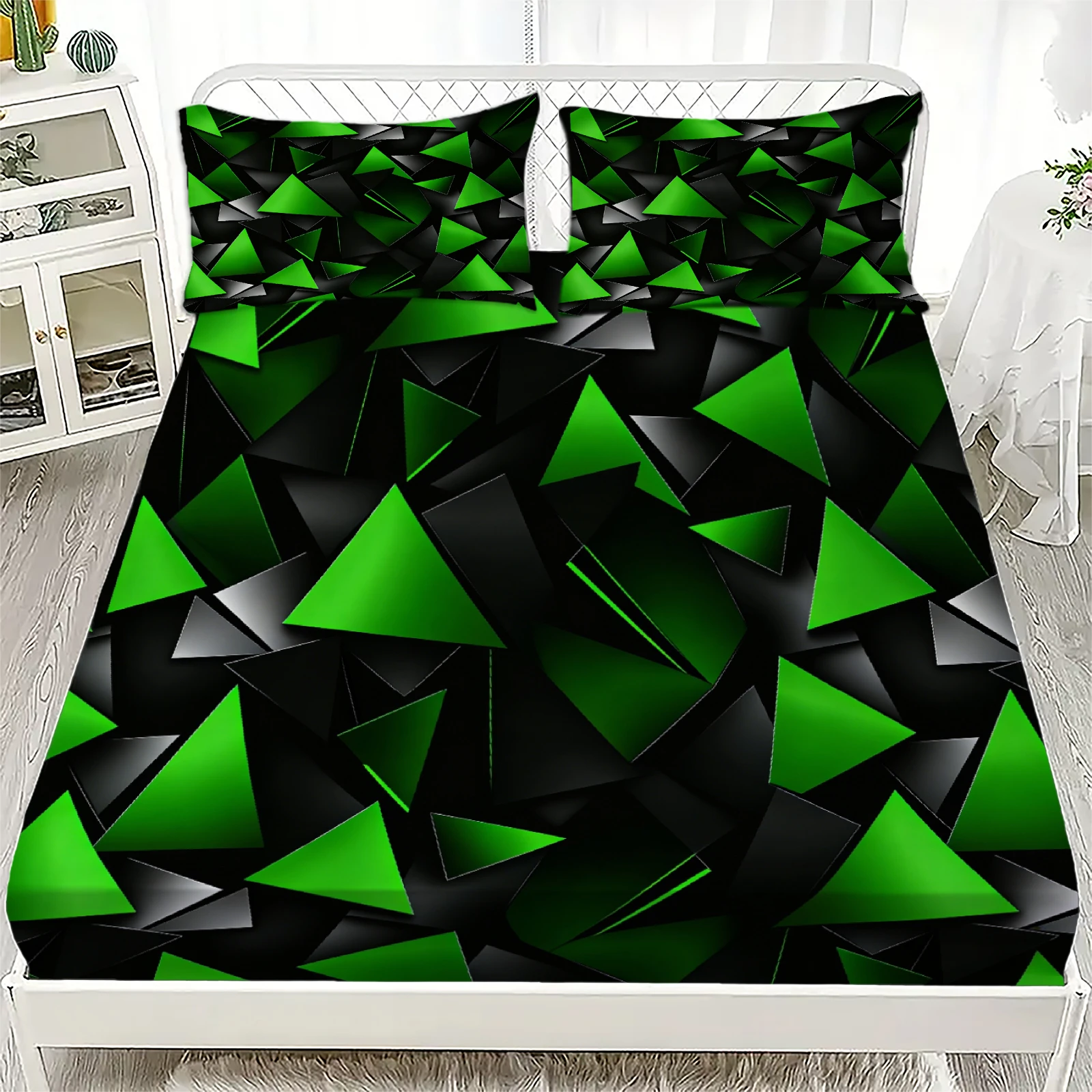3pcs Geometric Triangle Fitted Sheet Set 3D Printed Soft Blue Black Bedspread Bed Sheet Single Twin Queen Size Home Decor