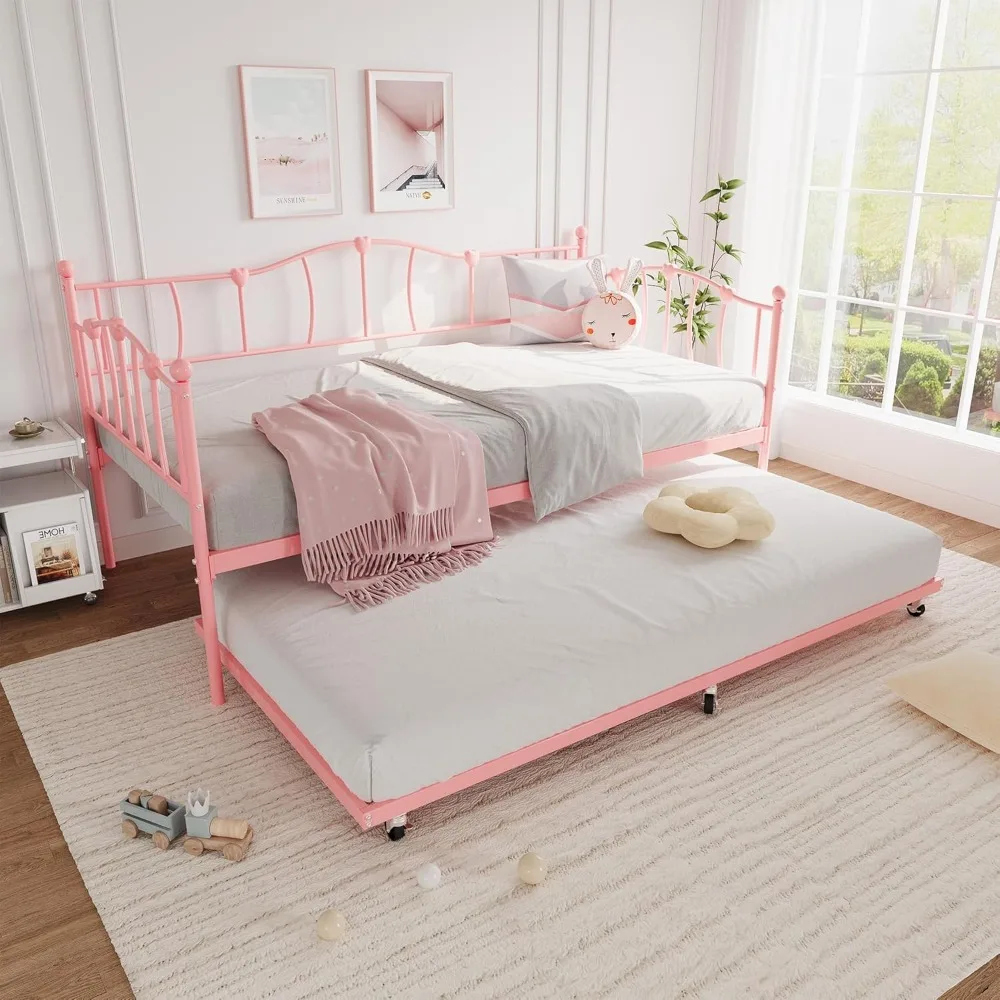 

IDEALHOUSE Metal Twin Daybed with Trundle Bed, Twin Size Day Bed with Pullout Trundle and Headboard, Metal Sofa Bed Frame with S