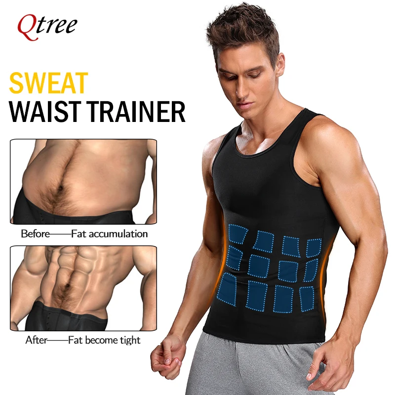 Qtree Men Shapers Polymer Sauna Vest Sweat Slimming Compression Tops with Zipper Waist Trainer Workout Shirt Heat Trapping Suit