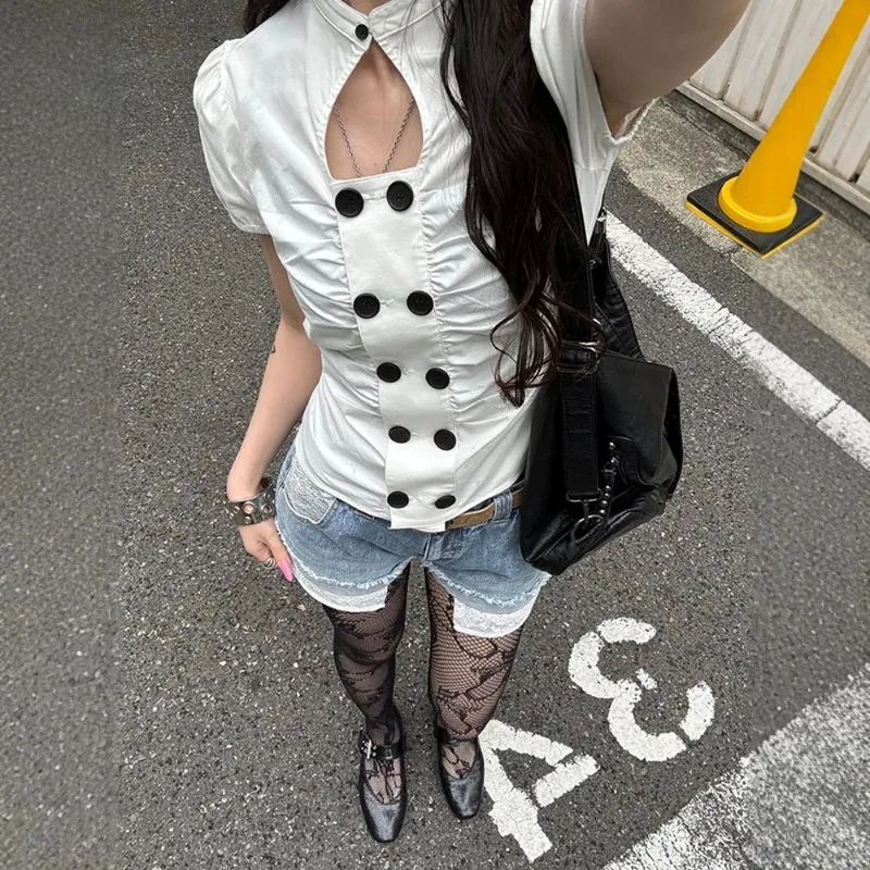 UNITIM Summer Women T-shirts Retro Y2k Sexy Hot Girl Cutout Double-breasted Short-sleeved T-shirt Versatile Dot Printed Lady Top