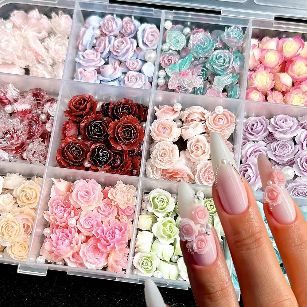 

12Grids/box Resin Colored Rose Nail Art Charms 3D Sweet Simulated Rose Pearl Nail Rhinestone Deco Exquisite Camellia Accessories