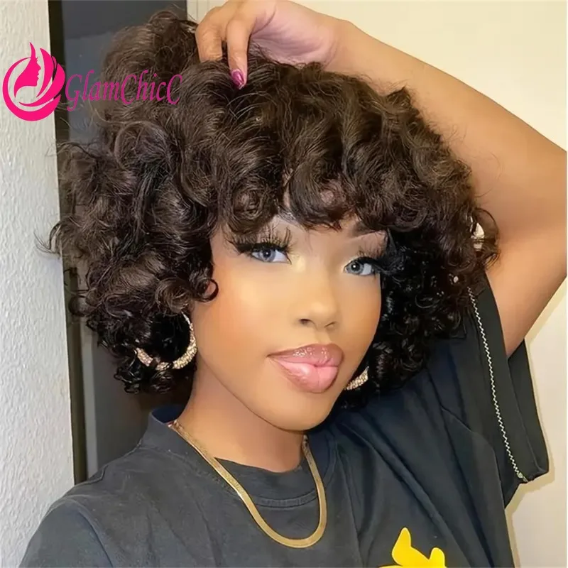 

6 дюймов # 1B # 99J # 4/27 Короткие надувные локоны Fumi, человеческие волосы, полный машинный парик с челкой, бразильский девственный Реми, плотность 180% для женщин