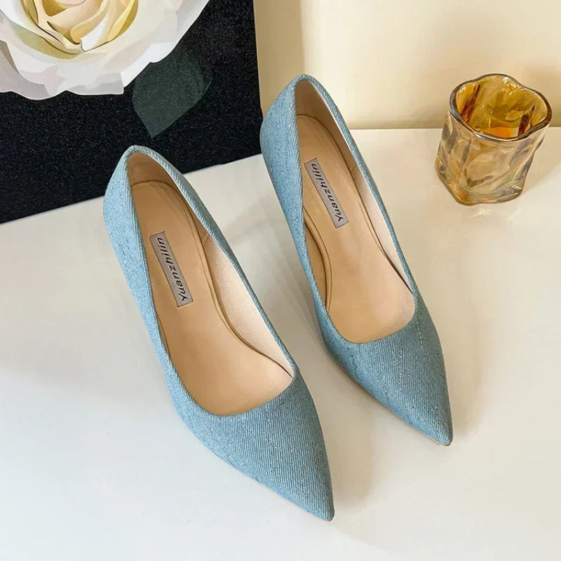 Plus Size Shoes Fashion Women Summer High Heels Wedding Shoes Denim Pointed Stiletto Heel Work Shoes 8cm High Heels