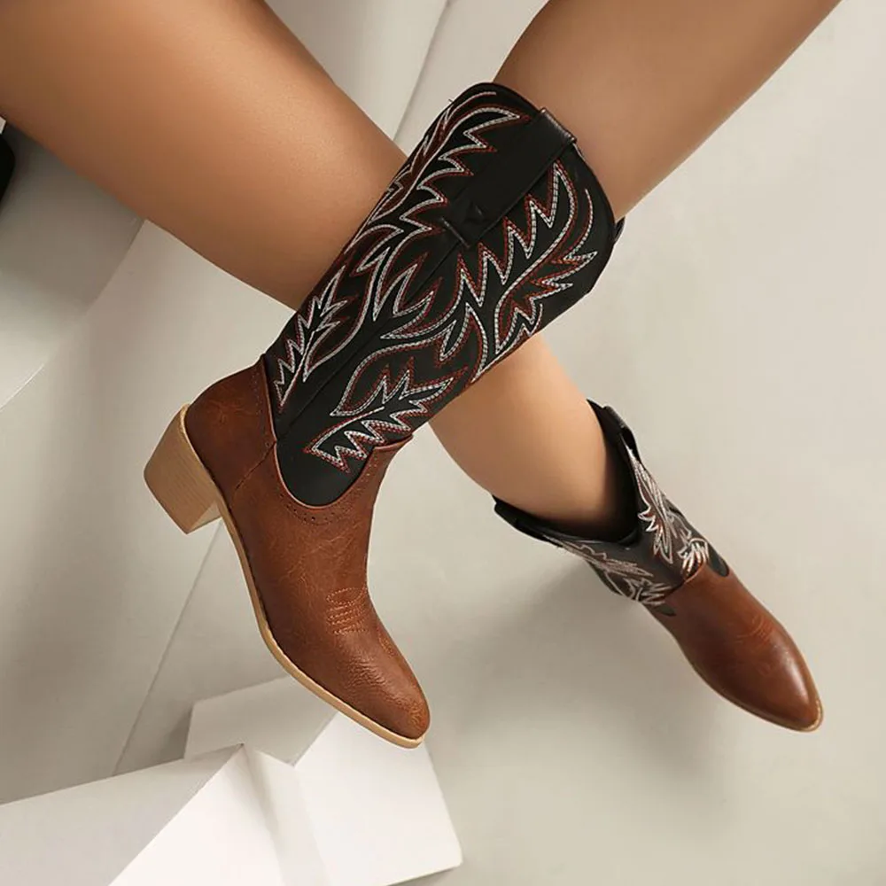 GIGIFOX Retro Embroidered Women Ankle Western Boots Cowgirl Pointed Toe Chunky High Heel Slip-on Shoes Mid-calf Cowboy Boots