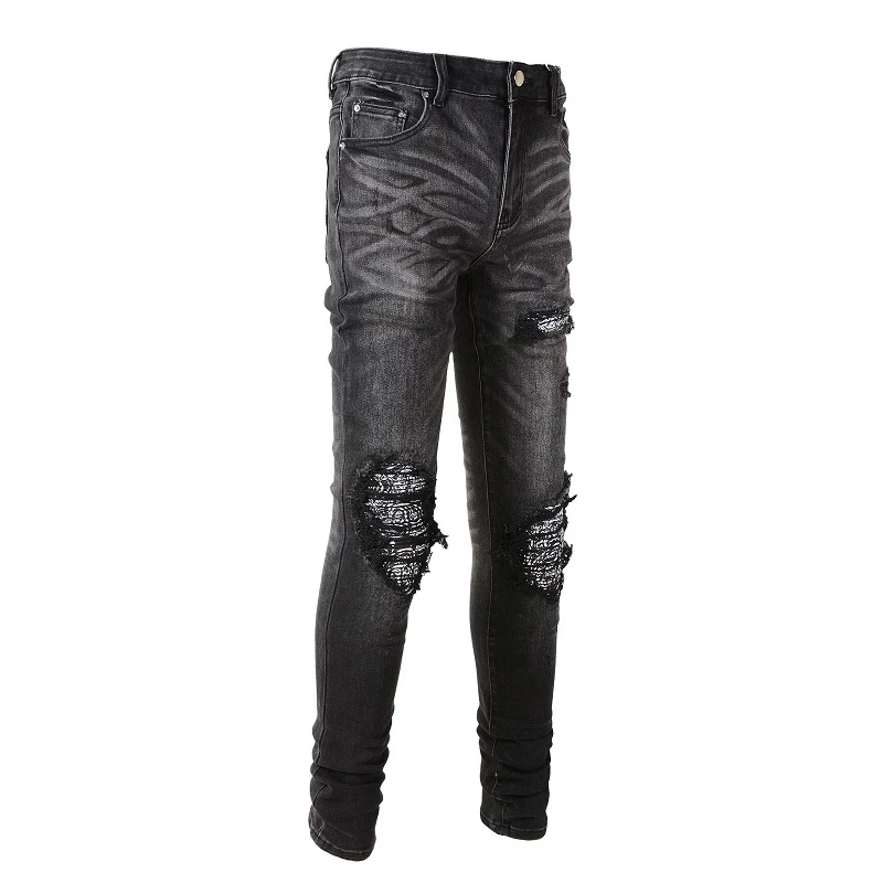 New Arrival Men's Black Distressed Slim Fit Stretch Streetwear Tie Dye Patchwork Destroyed Slim Fit Denim Jeans Denim Pants 8666