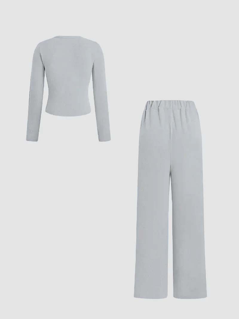 Damen 2-Teiliges Loungewear-Set Geripptes Crop-Top mit Knöpfen und Hose mit Weitem Bein und Elastischem Bund Lässiger Trainingsanzug – Detail 6