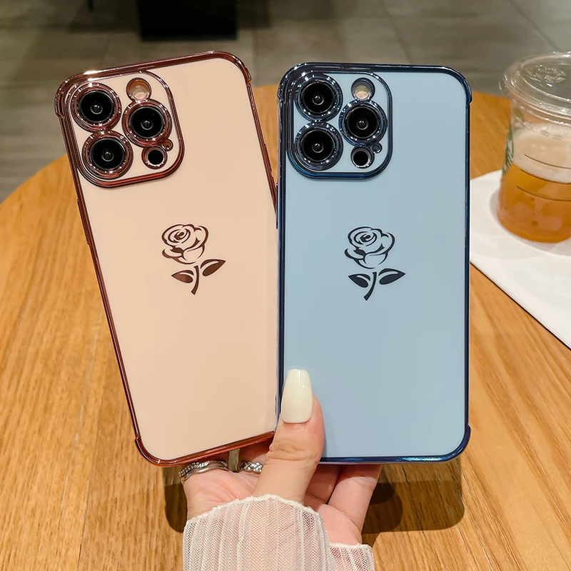 Luxury Quakeproof Electroplate Rose Cover Case for iPhone 16 15 14 ProMax 13 Pro 12 Mini 11 X XR XS Max 7 8 Plus Half Phone Case