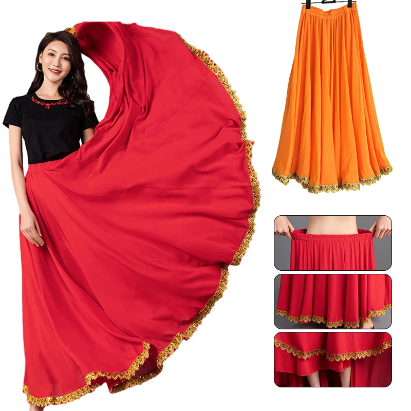 Saias de Dança do Ventre Chiffon, Balanço Grande, Meia Duração Vestido Dança, Cor Dourada, Balé, Tibetano, 720 Graus