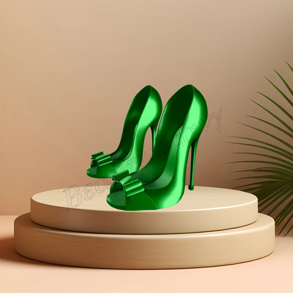 

Green Bow Knot Patent Leather Pumps Solid Peep Toe Shoes Thin High Heel Shoes for Women Wedding Shoes 2023 Zapatos Para Mujere