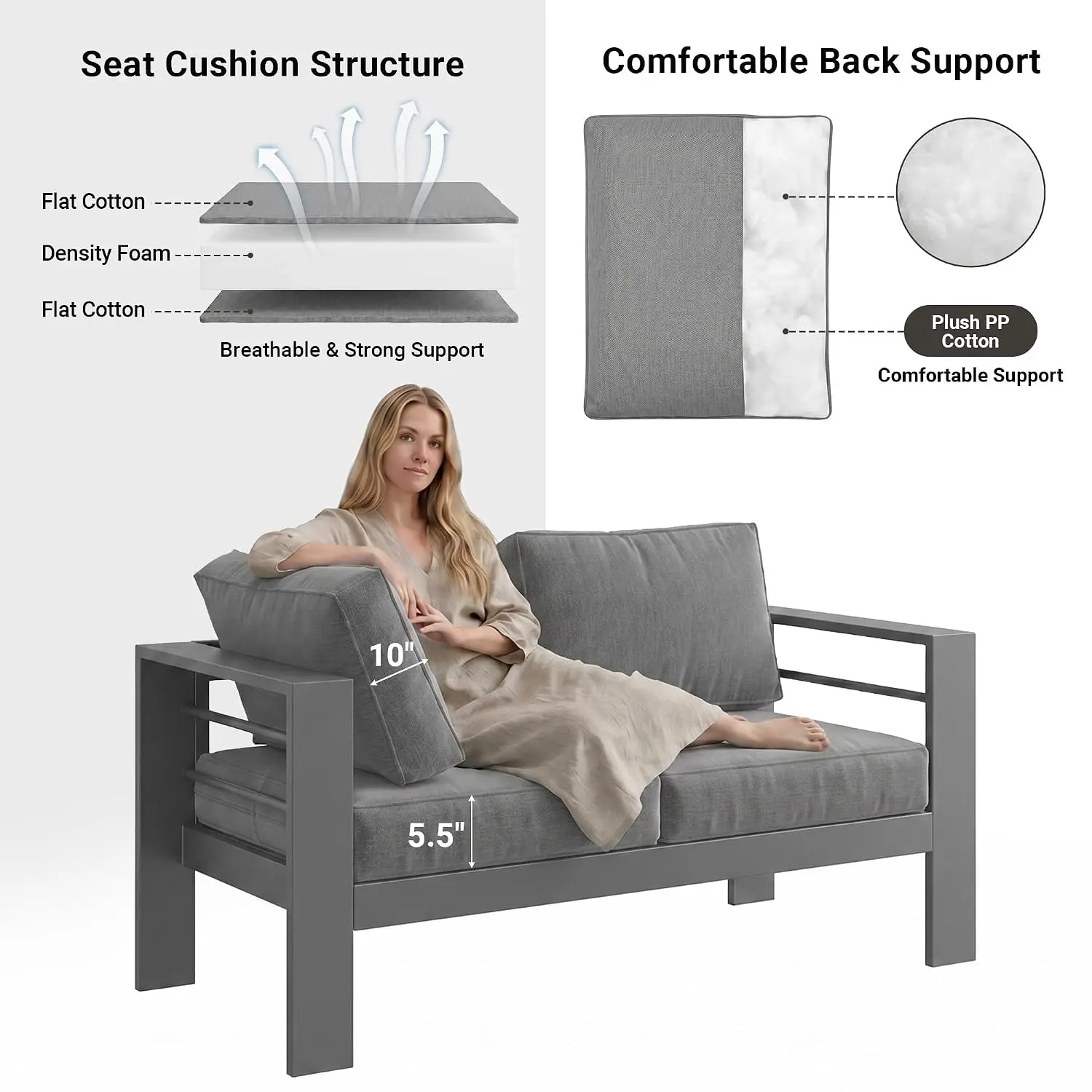 Outdoor Loveseat Aluminum Patio Sofa, All-Weather Metal Frame with Cushions, Dark Grey, Customized image 6