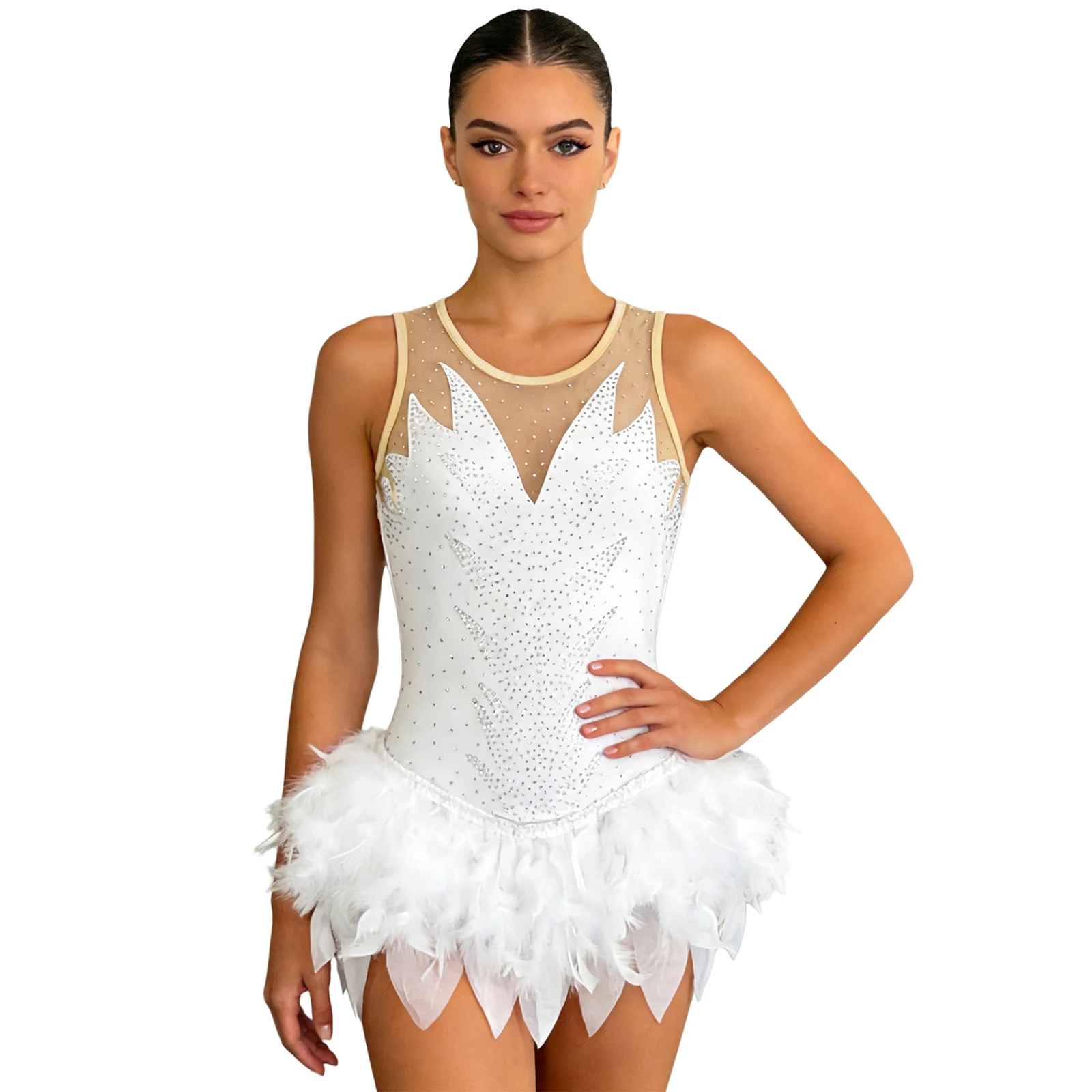 

Womens Gymnastics Rhinestones Bodysuit Fuzzy Feather Irregular Hem Mesh Patchwork Sleeveless Ballet Tutu Dance Leotard Jumpsuit