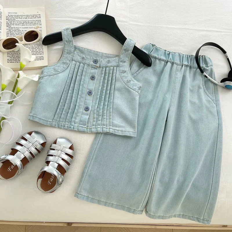 

Girls Suit2025Summer Embroidered Denim Vest Top Wide-leg Pants Baby Girl Casual Two-piece Set