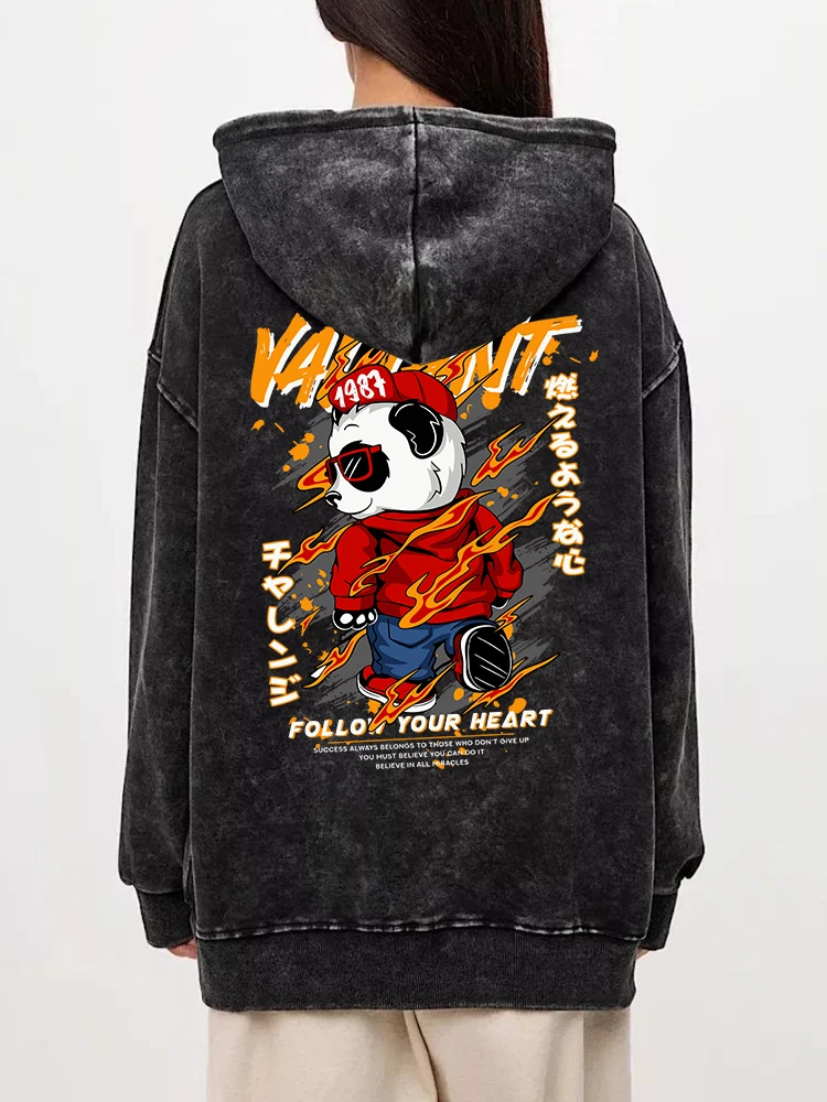 Fashion Womans Washed Hoodies Kung Fu Panda Printed Streetwears Warm Cotton Oversize Pullovers Autumn Winter Couple Streetwear