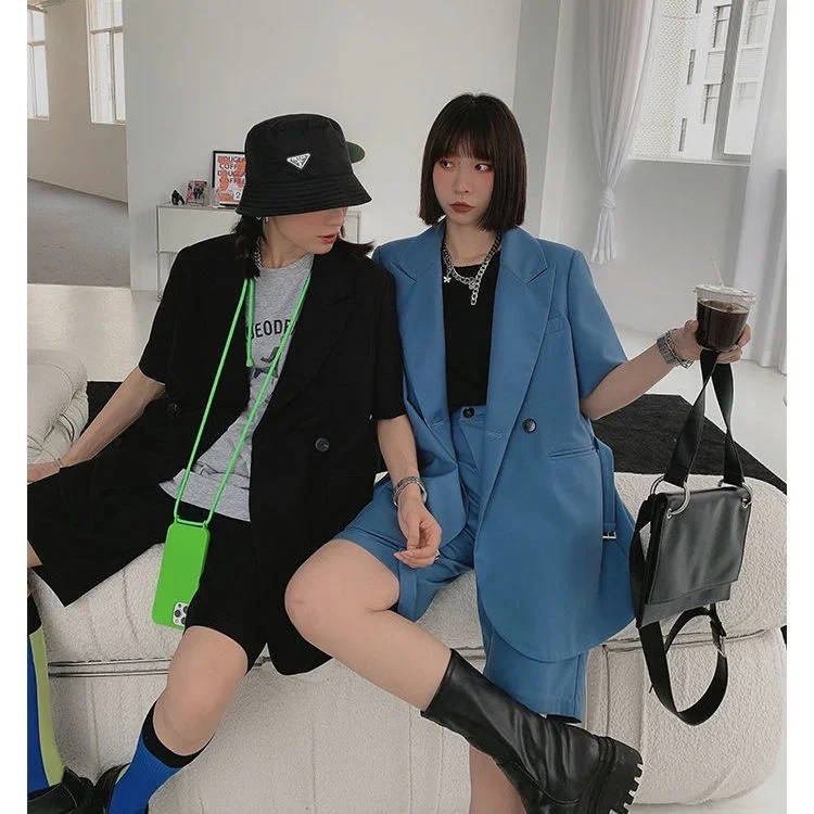 Korean Style Short Sleeve Blue Casual Jacket Suit Two Pieces Set for Women Ladies Blazer and Shorts Summer Clothing Y2k Clothes