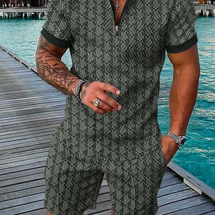

Men's Zipper Polo shirt, Business Office checkered, 3D printed, Casual Zipper Polo Shirt + Shorts 2-piece Sportswear Set Choice