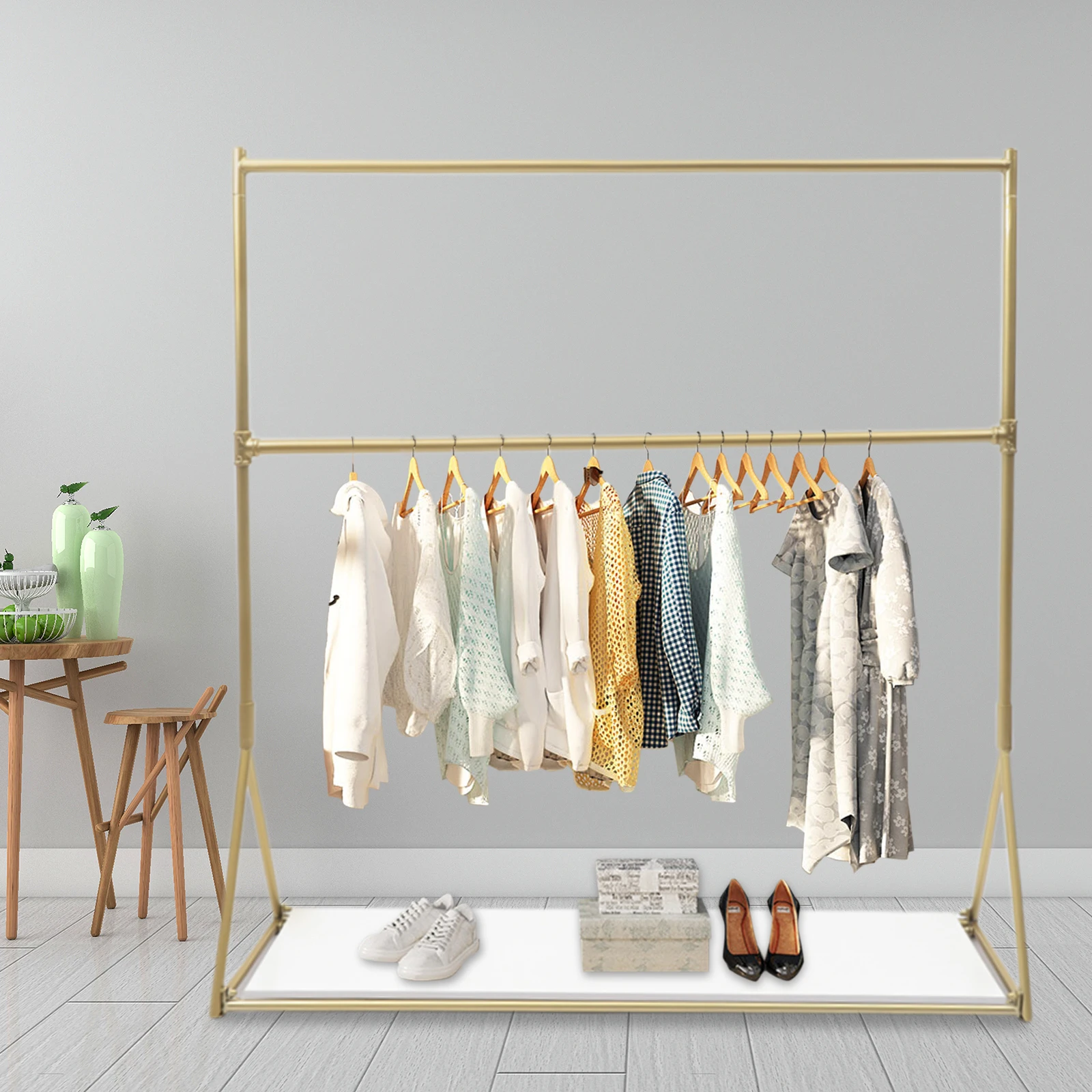 Clothes Rail Garment Racks Clothes Display Stand Free Standing Rail Gold  2-Tier w/Storage Shelf US NEW