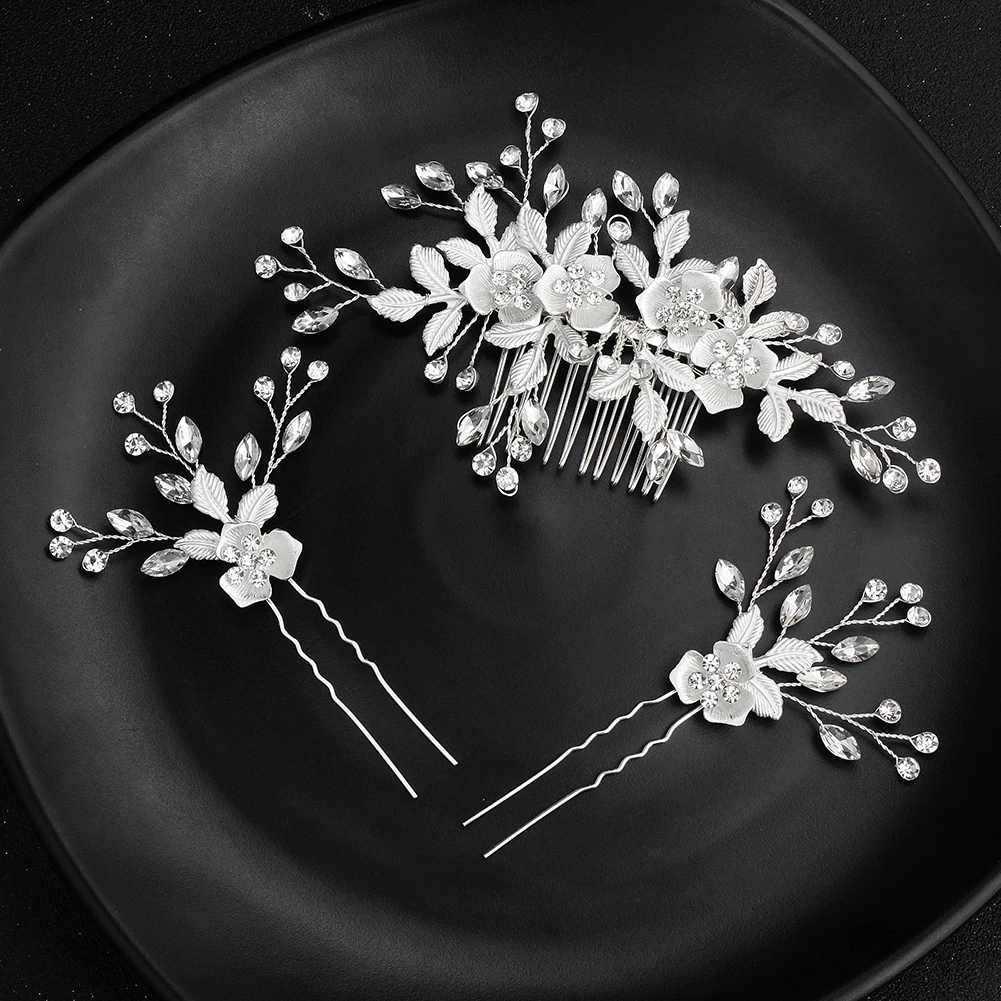 Fashion Alloy Flower Bridal Hair Comb Luxury Leaf Metal Rhinestone Hair Clip Headpiece Wedding Bridal Jewelry Accessories image 3