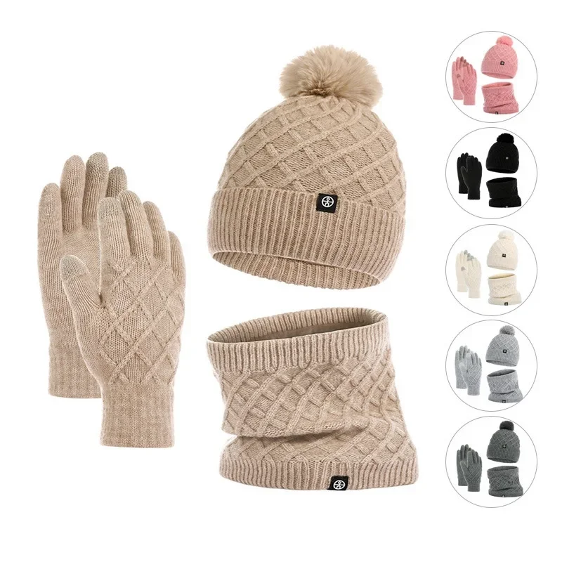 

Winter Hat Scarf Gloves Set Knitted Men Women Alpaca Wool Plush Thickened Woolen Pom Pom Beanie Circle Scarf Gloves Warm Set