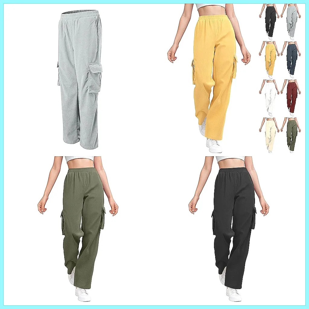 

Women's Solid Color Cargo Pants, Loose Straight Leg with Multiple Pockets - Casual & Streetwear