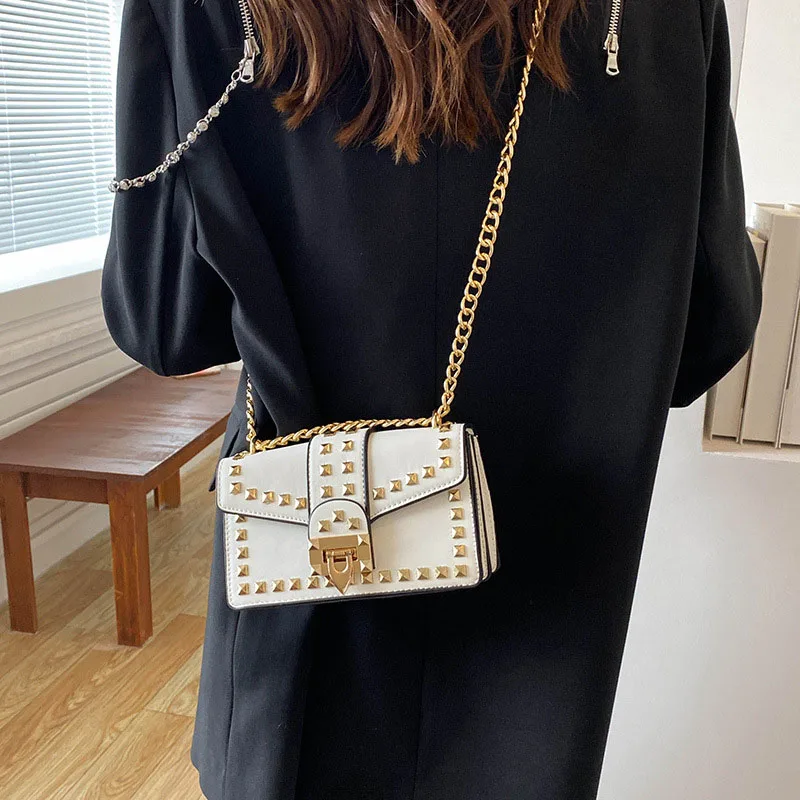 Artificial Leather Retro Small Rivet Foldable Cover Crossbody Bag Handbags Letter Shoulder Shopper Chain Flap Female Purse