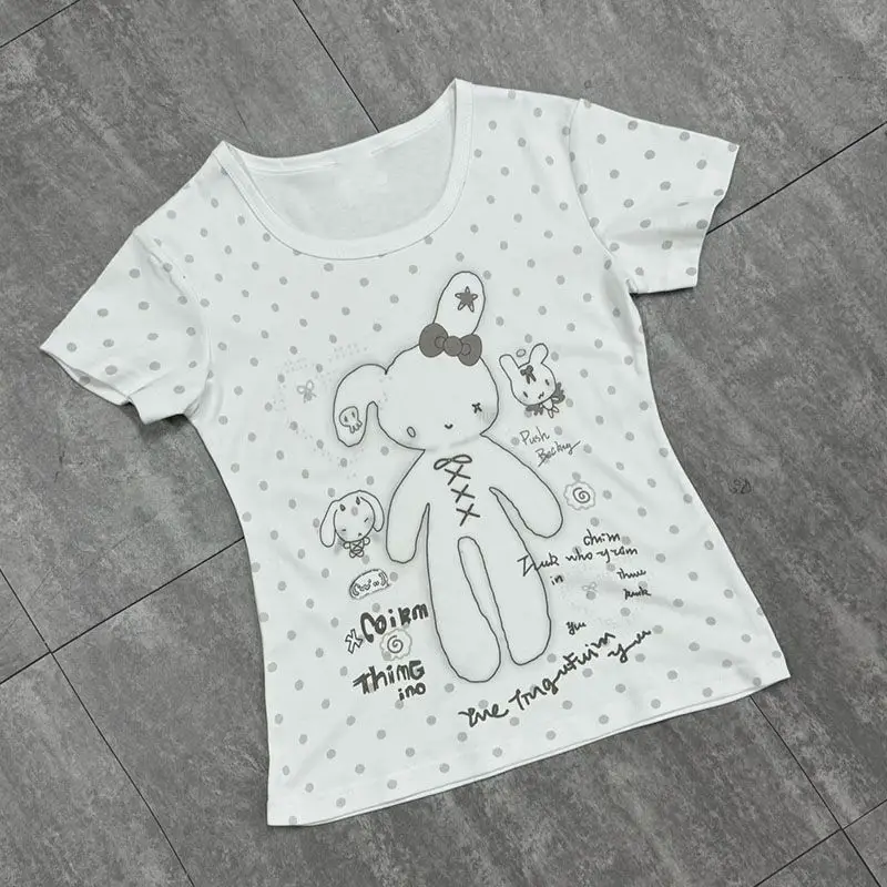 HOUZHOU Kawaii Blue Print Graphic T-Shirts Women White Sweet Vintage Polka Dot Short Sleeve Tees Y2k Aesthetic Japanese Fashion