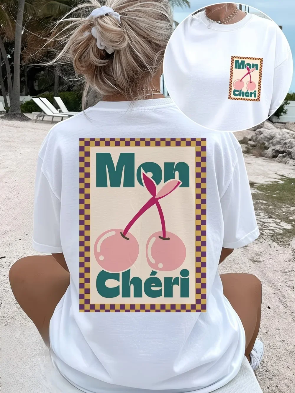 Vintage Cherry Checkerboard Graphic Tee Women Mon Cheri Fruit  T Shirt Summer Retro Aesthetic Harajuku  Fashion Top