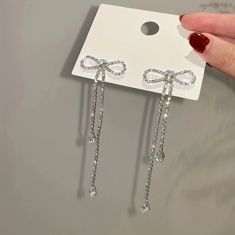 1 Pair Fashion Rhinestone Bow Drop Earrings