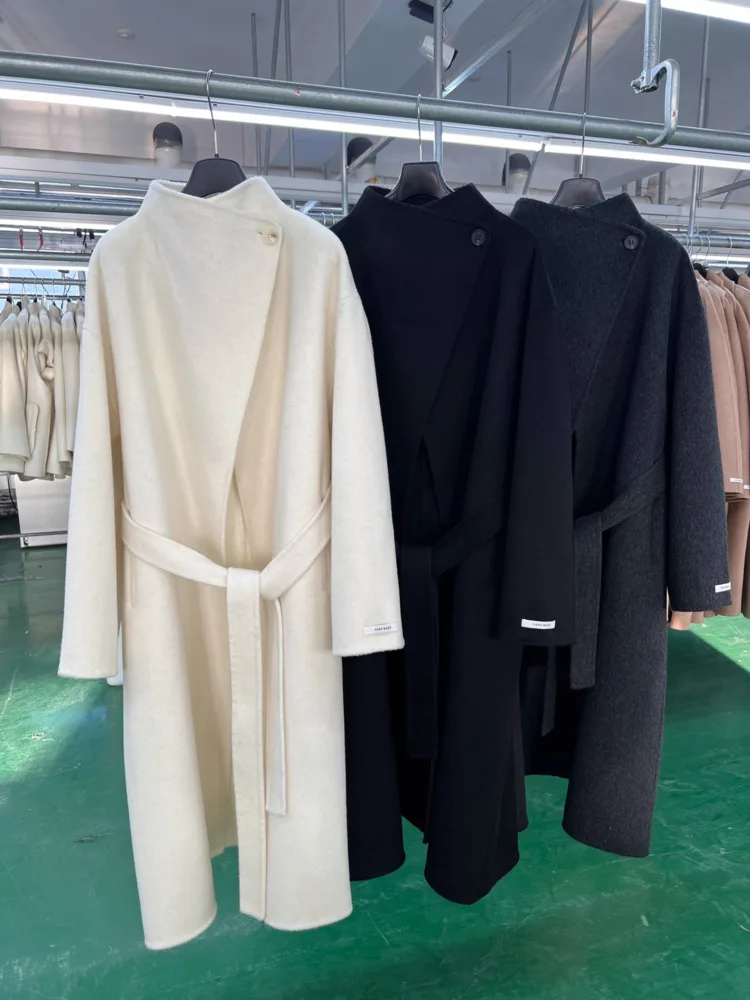 DFDG 2025 Damski płaszcz z kaszmiru dwustronnego, ręcznie robiony, z paskiem, długi, oversize, ze stójką, kurtka zimowa, odzież wierzchnia na jesień