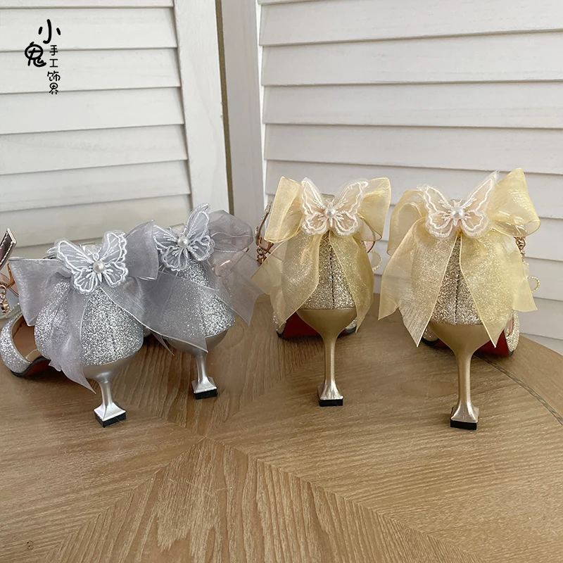Elegant Lolita Gothic Bow Lace High Heels Pointed Adult Showcase Wedding Light Gold Gray Lo Shoes Slim Heels