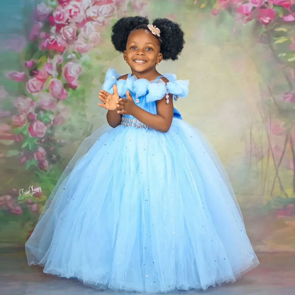 Cute Mesh Bow Flower Girl Dresses Very Puffy Tulle Beaded Tutu Pageant Dress Pretty Crystals A Line Brithday Party Gowns