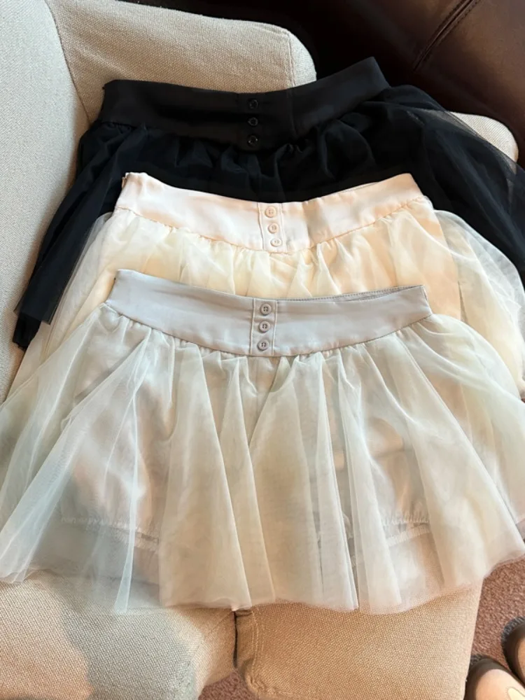 

Spring Summer New Sweet Pure Desire Bloom Net Half Skirt Women's A-Line Fluffy Short Skirt High Waist Breathable Skin-Friendly