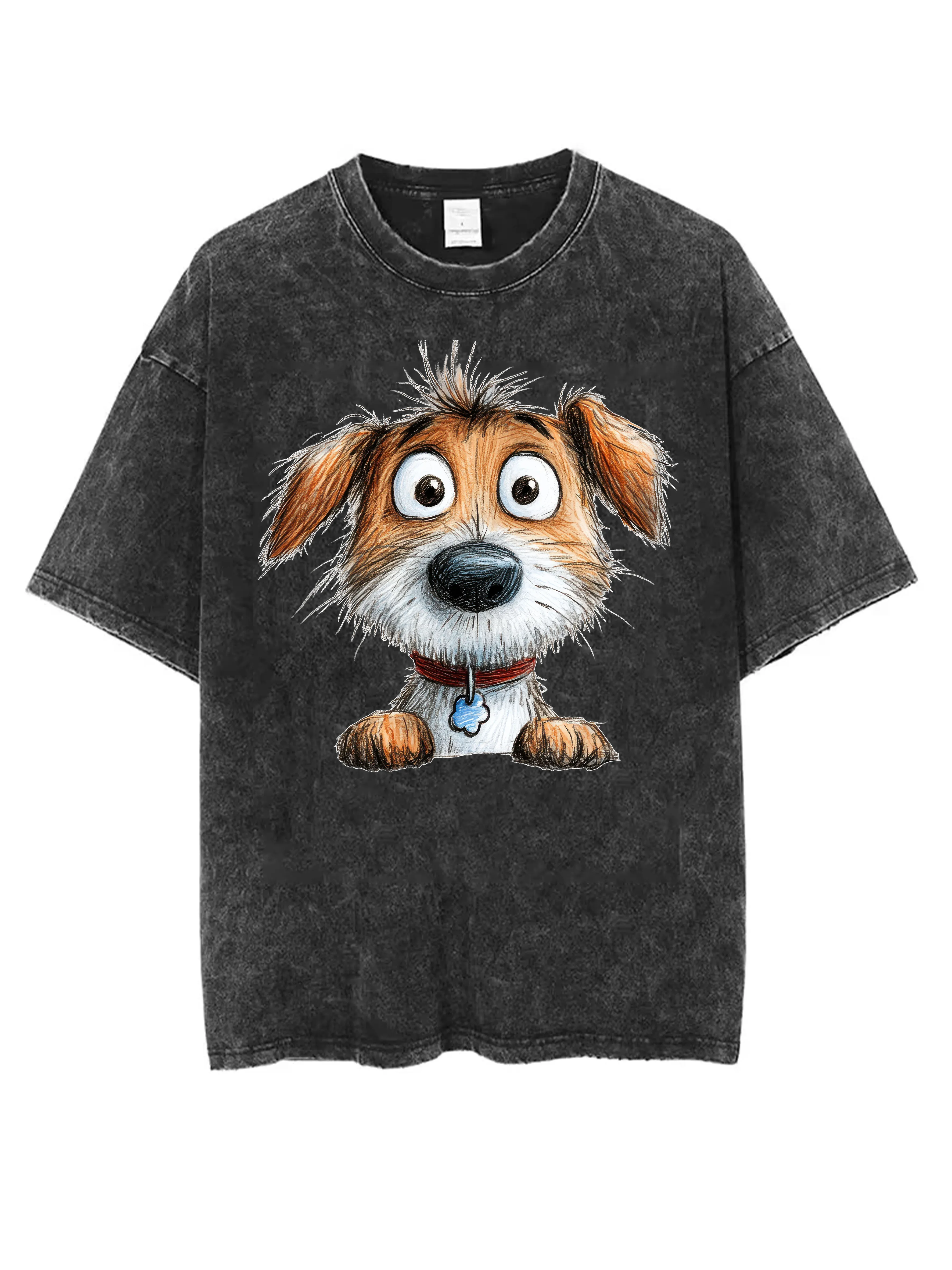 

Dog Unisex Washed Black T-Shirt Comfortable Loose Fit Round-Neck Style for Men Women Perfect for Winter Christmas
