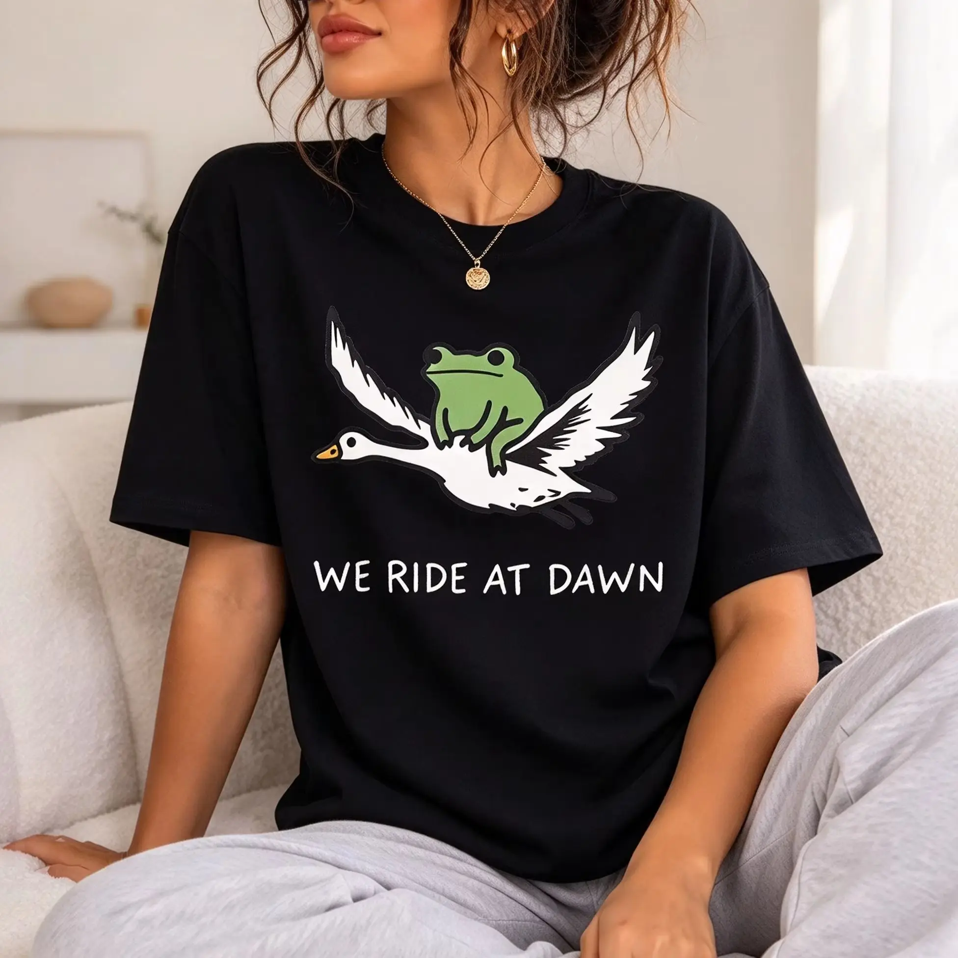 We Ride At Dawn Funny Frog Riding Goose Graphic T Shirt 100% Cotton Unisex Summer Casual Short Sleeve Crew Neck Streetwear Tee