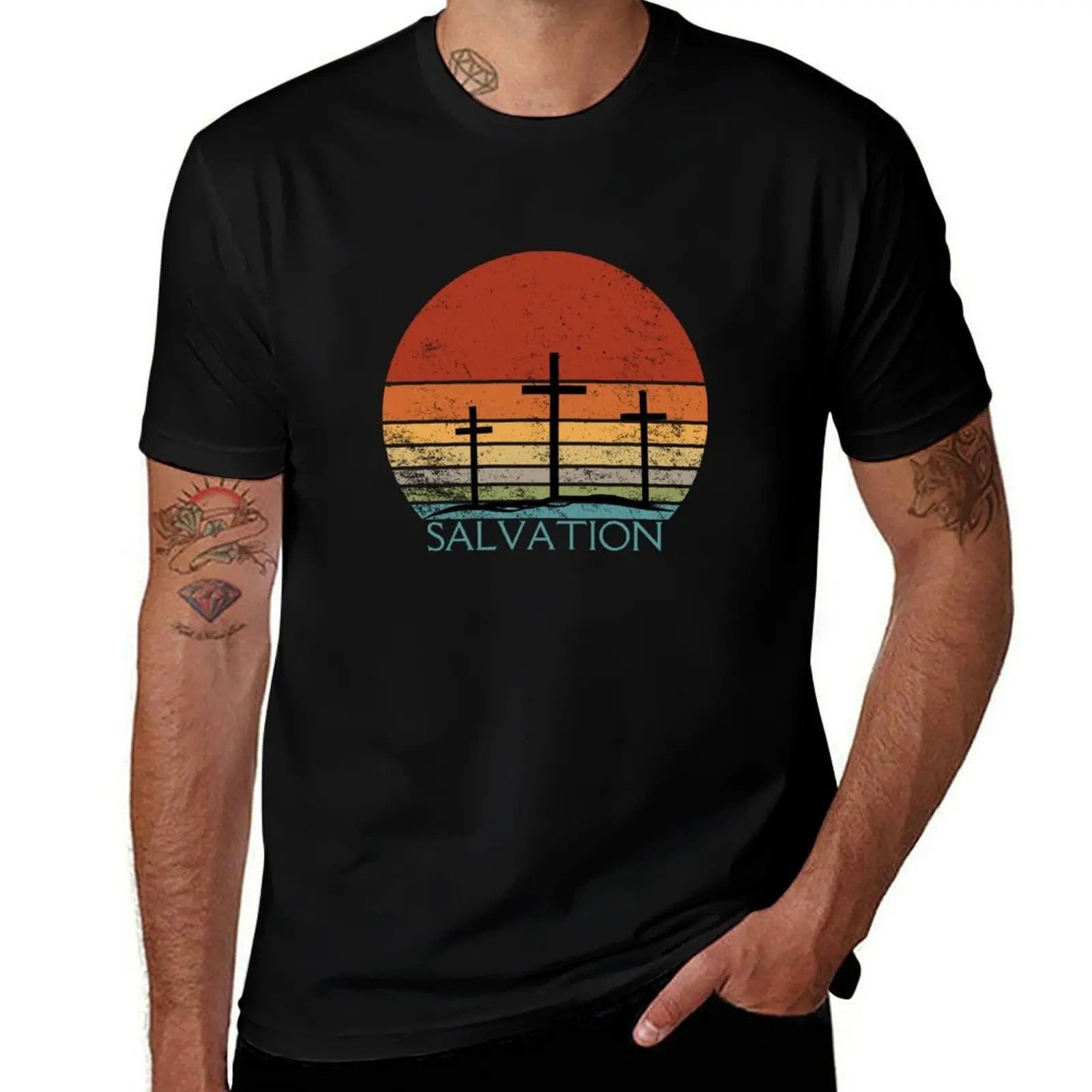 T-shirt léger à motif de croix chrétienne et silhouette de coucher de soleil, grande taille