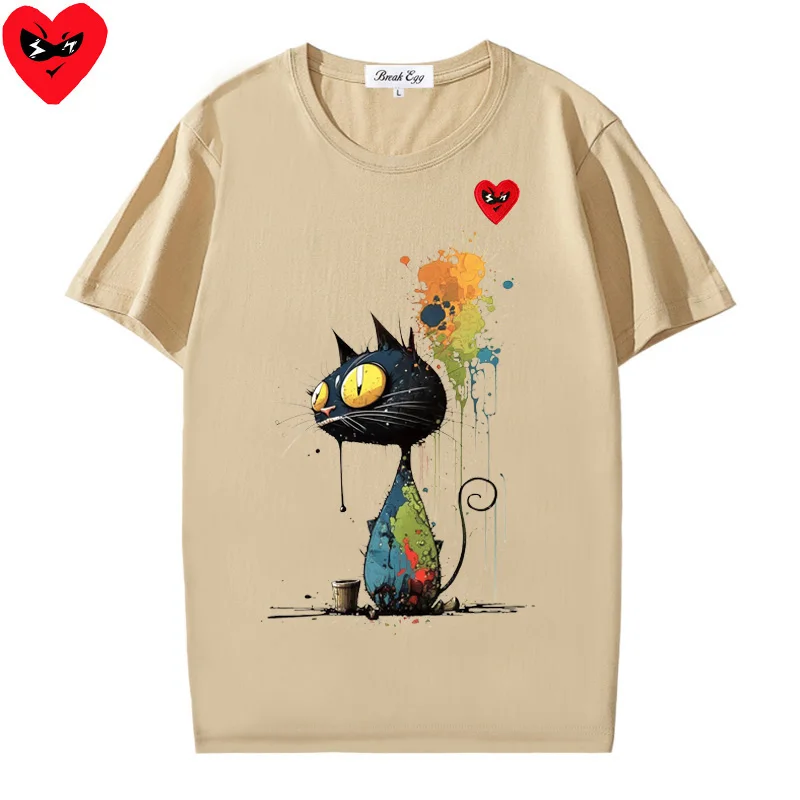 Oil Painting Colored Cat Printing Men Women T-shirt Red Glasses Heart Embroidery Cotton O-neck Short-sleeved Straight T-shirt