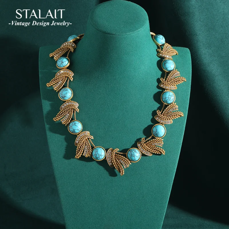 

Vintage Bohemia Blue Natural Stone Choker Necklace Bow Knot Wheat Ear Gold Color Antique Jewelry For Woman Thanksgiving Wedding