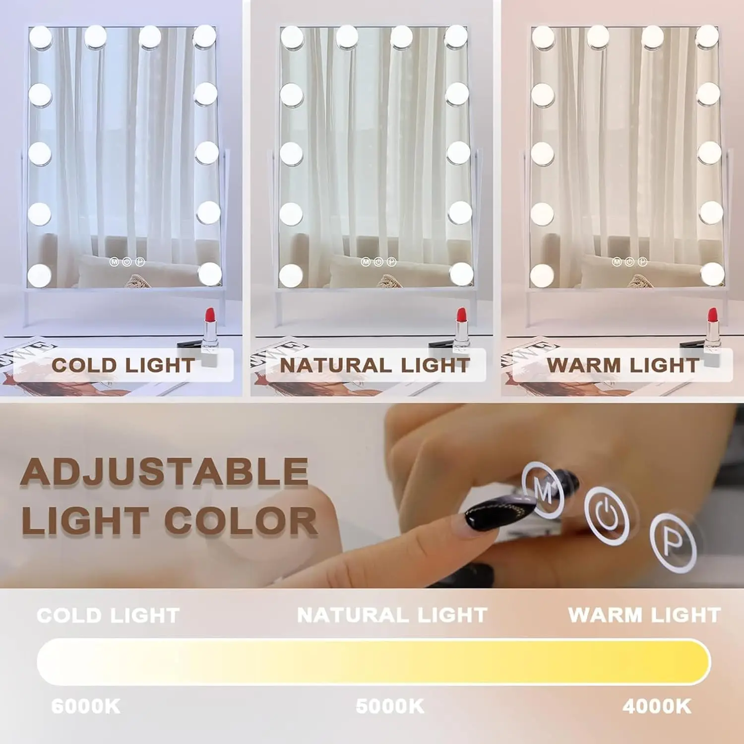 Vanity Mirror with Lights Makeup Mirror with Lights 12 Dimmable  Lighted Makeup Mirror Detachable 10x Magnification 3 Color