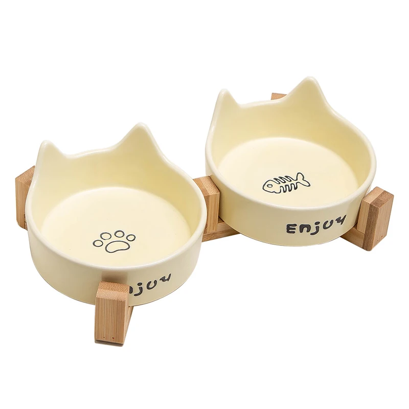 

Креативные керамические двойные миски для питьевой воды, защита от переворачивания шеи, деревянная рама, миска для кошек, товары для домашних животных, 1 шт.