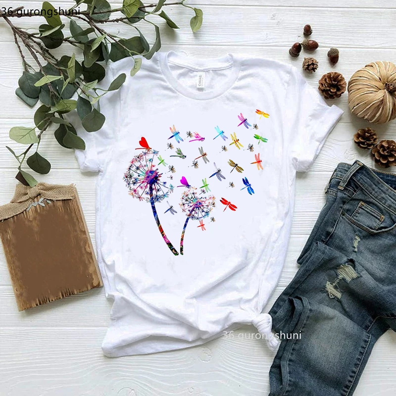 

Funny Colorful Print Animal Dandelion T-Shirt Dogs Dragonfly Lady Tees Women Clothes Female Clothing Short Sleeve T-Shirts Tops