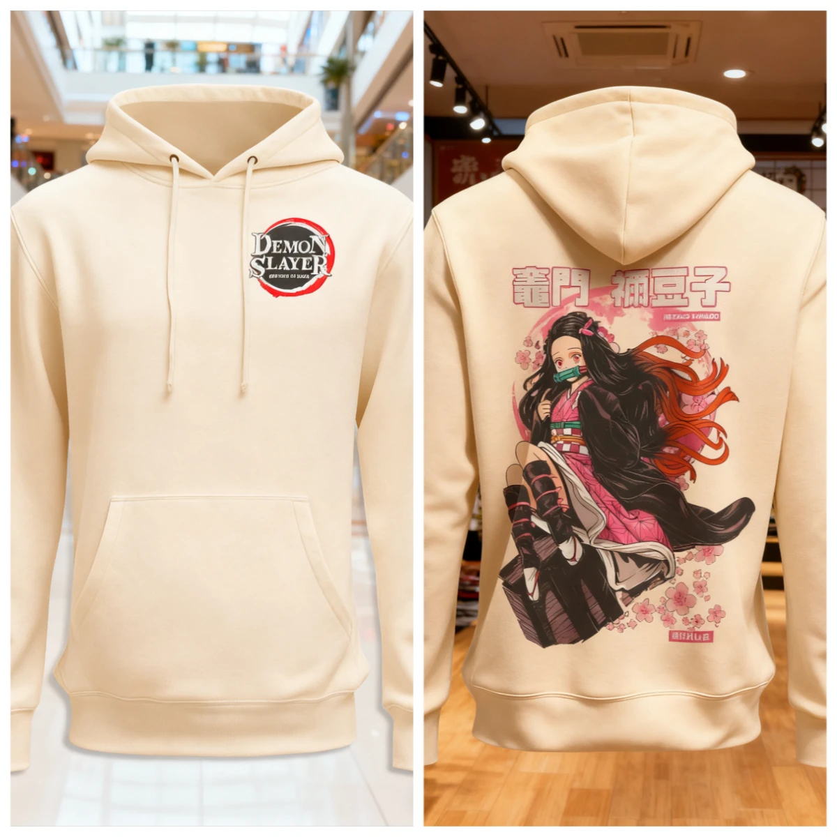 شيطان القاتل أنيمي القطن هوديي اللون الوردي طباعة شخصية مع الشعر الطويل أسود أحمر الزي التقليدي تصميم الظهر عارضة