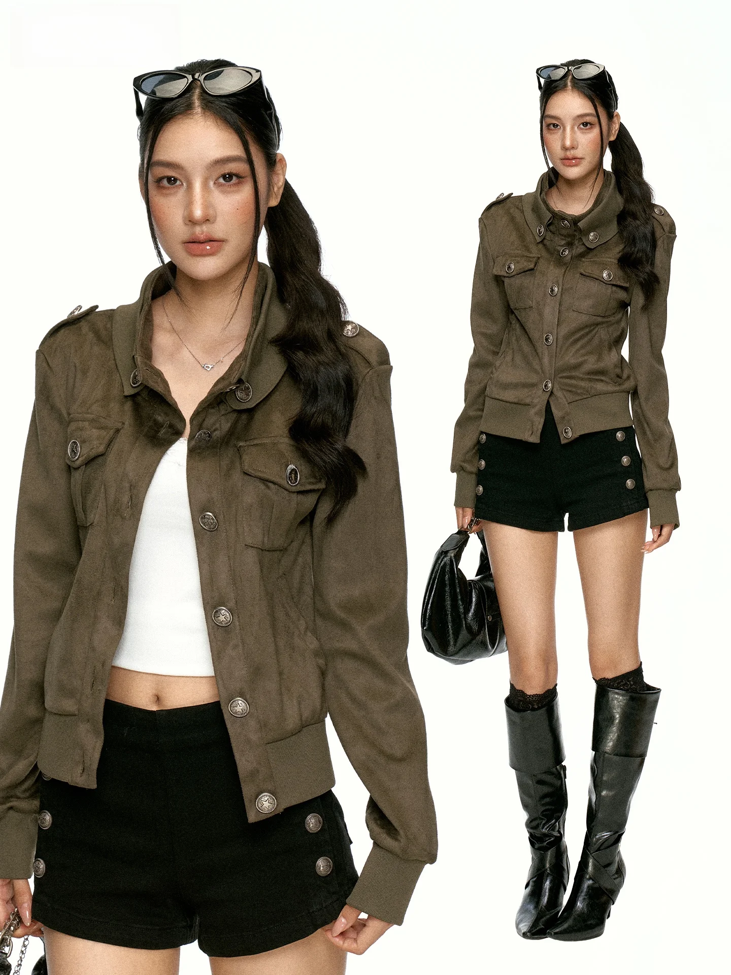 Aaisup American Retro Stand Collar Workwear Jacket Women's Autumn Design Multi Pocket Waist Cinched Short Coat Top