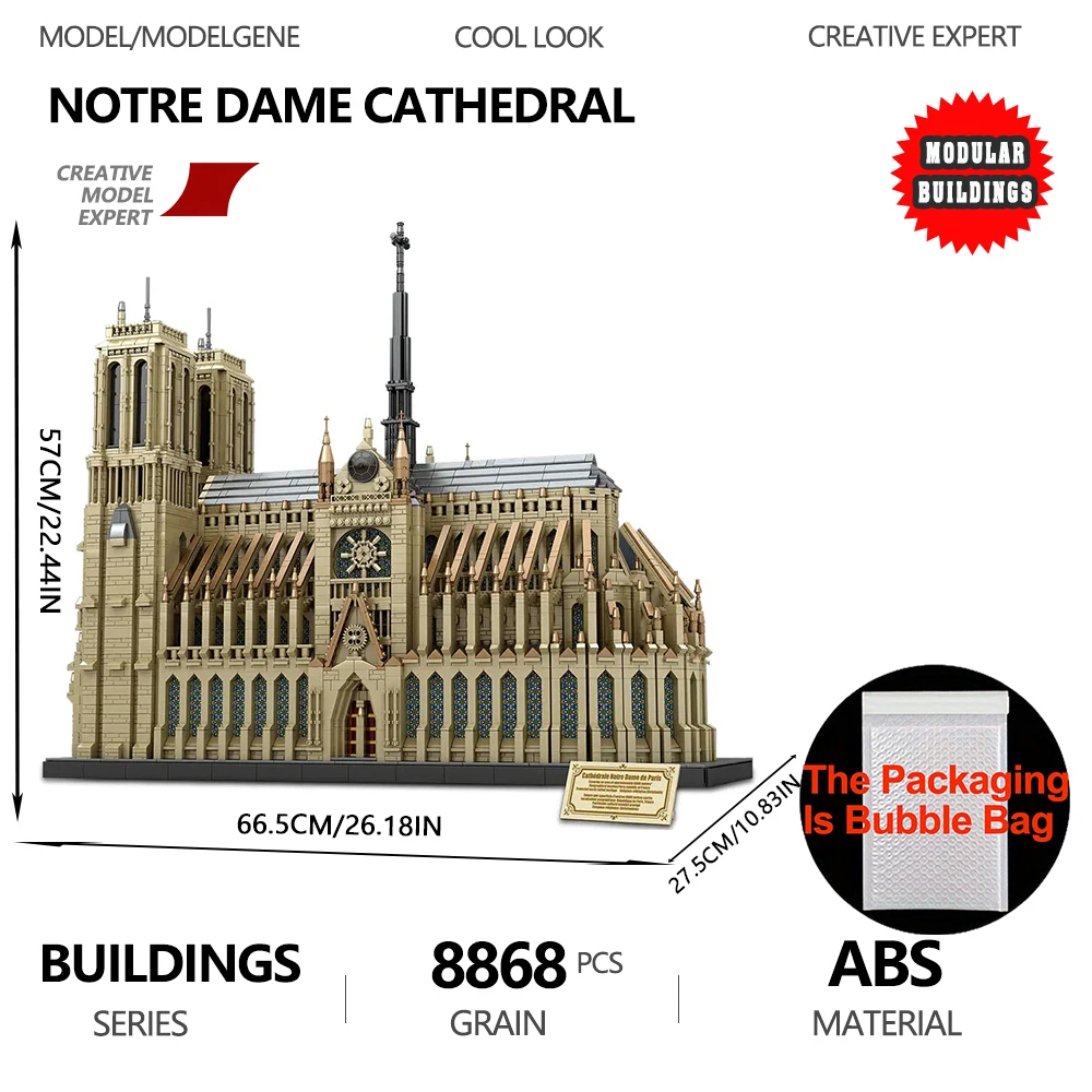 

Нотр-Дам Соборная модель Строительные блоки MOC Модульный замок с видом на улицу Высокий реставрационный сборочный набор Большой размер Кирпичи Игрушка в подарок