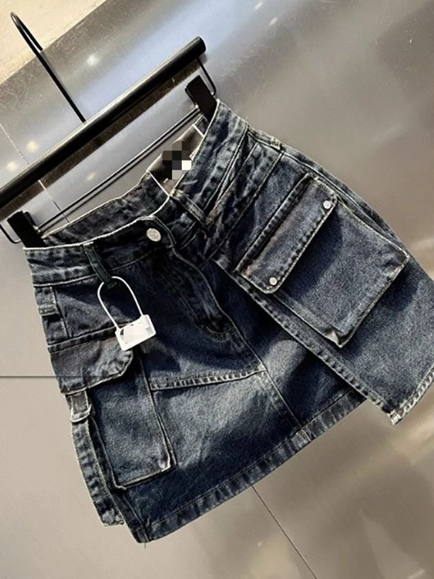 Deep Blue A-Line Workwear Denim  Skirt Women's Autumn New Style European Flavor Anti-Light Half Skirt with Pocket
