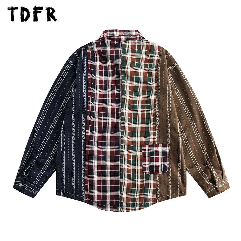 Retro Patchwork Plaid Long Sleeve Shirts Mens Autumn Casual Streetwear Lapel Single Breasted curved hem Shirts Men