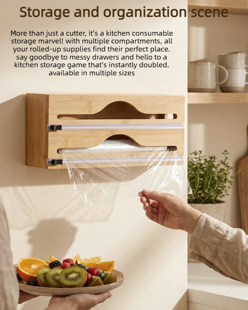 3-in-1 Bamboo Cling Film Cutter, Aluminum Foil Cutter|Wall Mounted Foil Dispenser with Cutter Kitchen Wrap Organizer