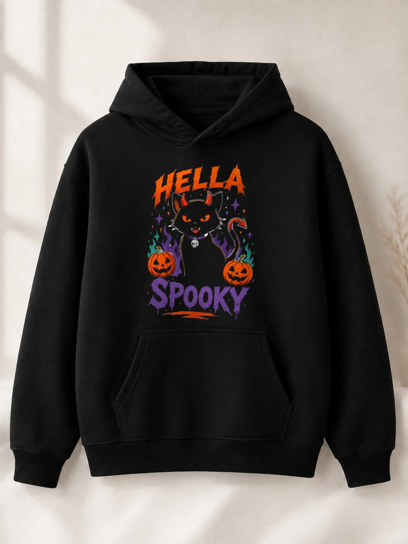 Halloween Gothic Style Men's Hoodie, Hella Spooky Devil Cat, with Pumpkin Lantern and Flame Design, Perfect for Autumn Festival Parties, a Gift for Your Boyfriend or Halloween Enthusiasts
