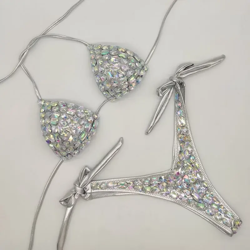 Luxury Bikini 2 Piece Bandage Swimsuit Sexy Rhinestone Bra and Thong Set Bling Stones Bathing Suit Sexy Women Push Up Beachwear