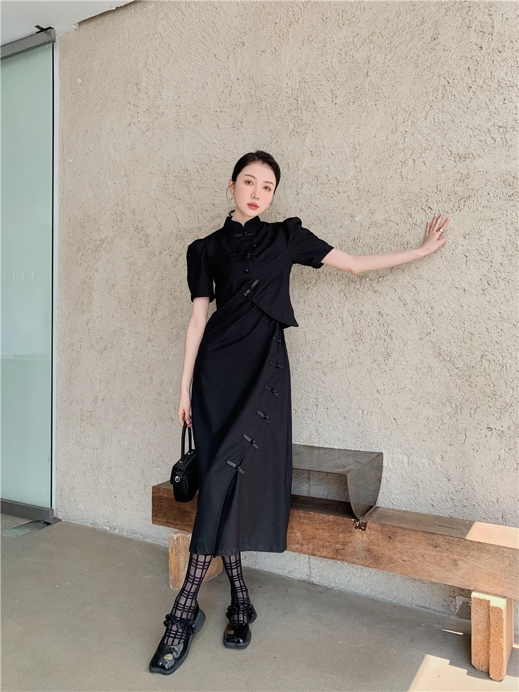 CHEERART Vintage Fake 2 Piece Puff Sleeve Long Cheongsam Dress For Women 2022 Short Sleeve A Line Ladies Midi Qipao Dress